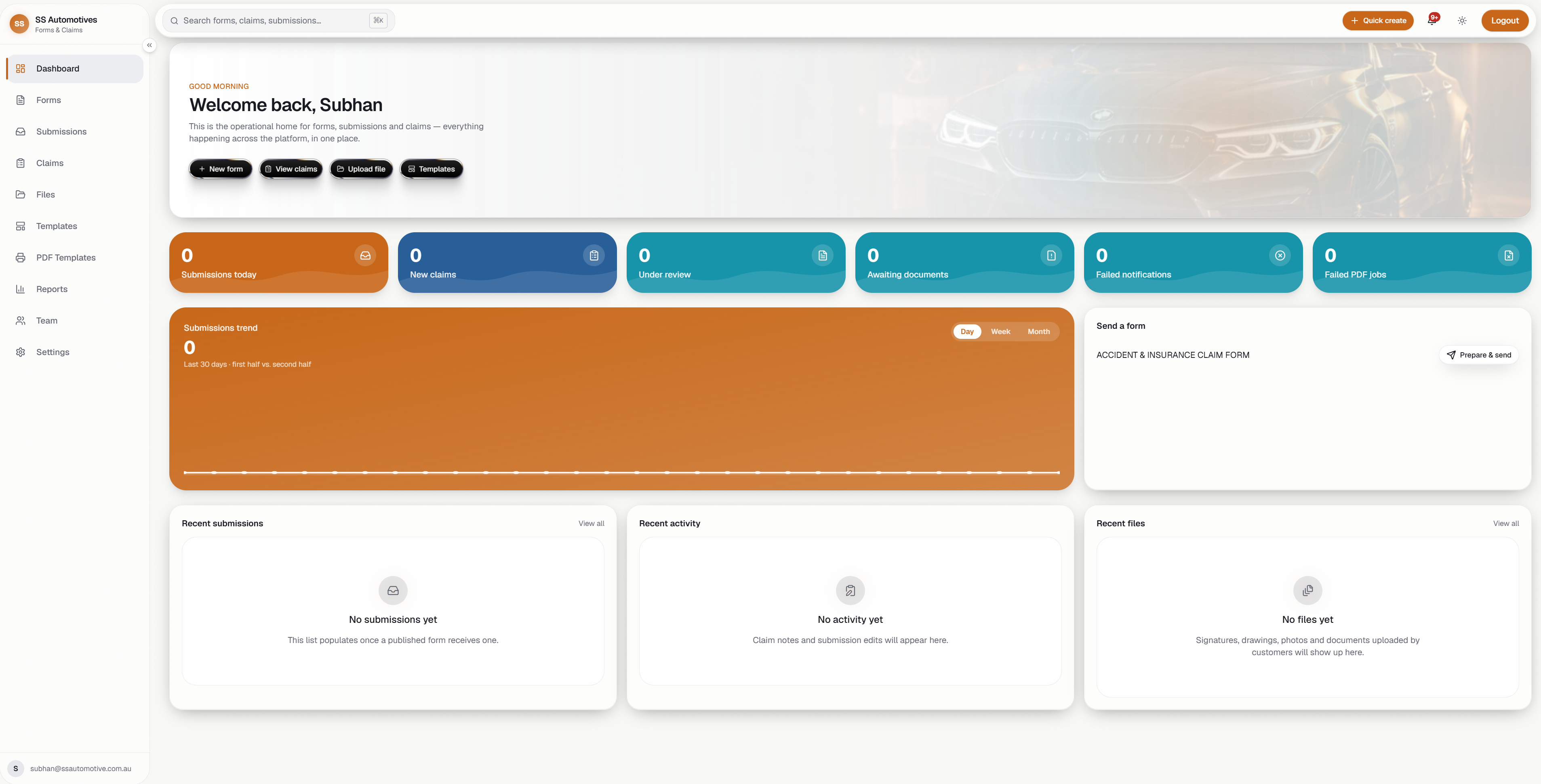 The SS Automotives dashboard — forms, claims, and submissions in one operational home